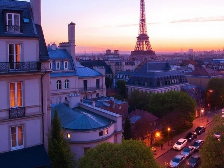 Beste hotels Paris view showing Eiffel Tower at sunset with classic Parisian buildings, rooftops, and a quiet street in the foreground.