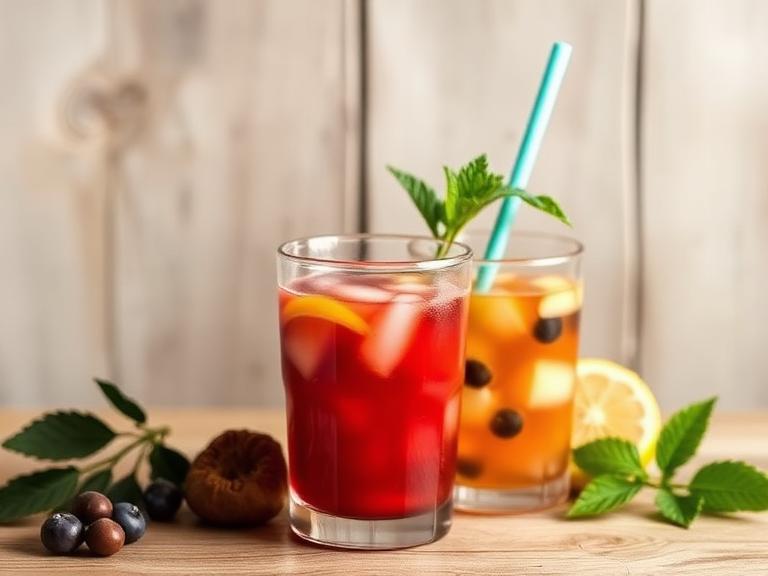 Two refreshing natural health drinks with fruits, herbs, and ice served in clear glasses on a wooden table